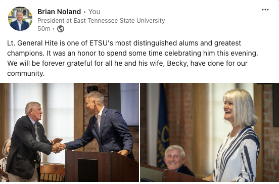 A screenshot of a LinkedIn post from ETSU President Brian Noland that reads 