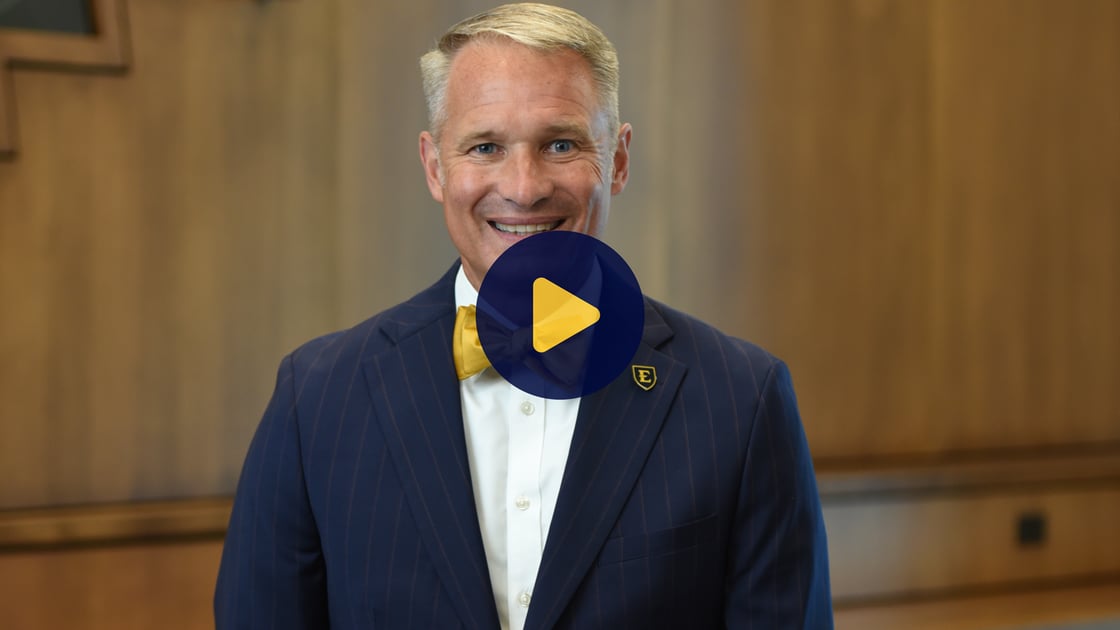A screenshot and play button for a video featuring ETSU President Brian Noland. 