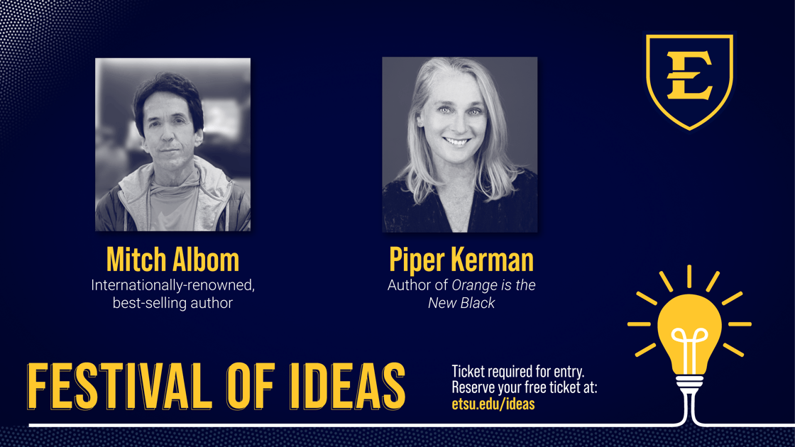 A digital flyer for Festival of Ideas highlighting the two keynote speakers, Mitch Albom and Piper Kerman. A note on the flyer indicates that while the events are free and open to the public, tickets are required for entry and may be obtained by visiting etsu.edu/ideas. 