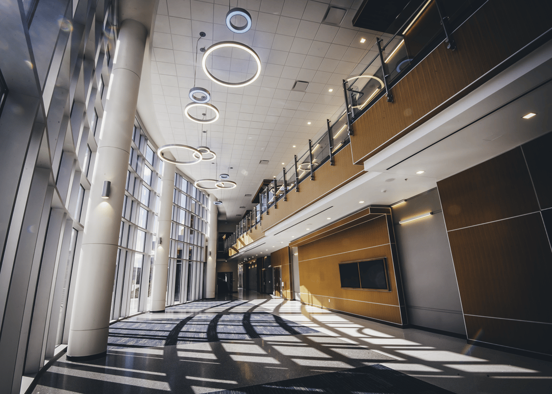 Sun shines through the windows of the Tindall Lobby of ETSU's Martin Center for the Arts.
