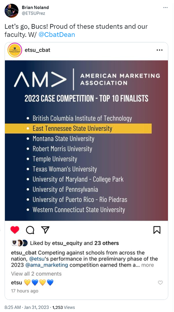 Dr. Noland Tweet on January 31, 2023 expressing pride in CBAT students and faculty competing in 2023 CASE Competition. ETSU is a top 10 finalist.