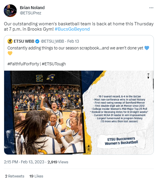 Dr. Noland's tweet on February 13 cheering the ETSU women's basketball team and mentioning the next game.
