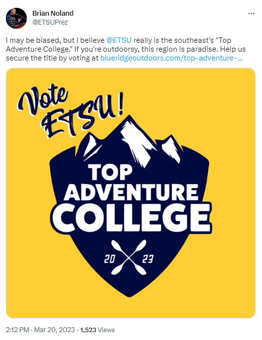 Dr. Noland's tweet encouraging people to vote ETSU as a Top Adventure College.