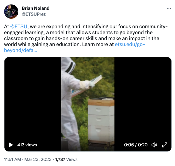 Dr. Noland's tweet that ETSU is expanding and intensifying our focus on community engaged learning. The tweet includes a link to a video from ETSU Go Beyond.