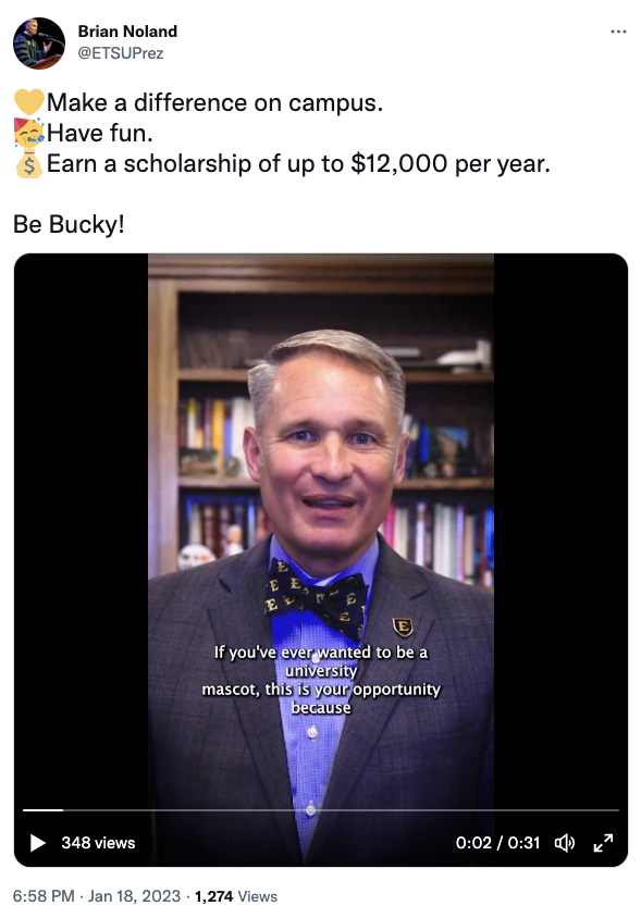 Screenshot of Tweet that reads Make a difference on campus. Have fun. Earn a scholarship of up to $12,000 per year. Be Bucky! 