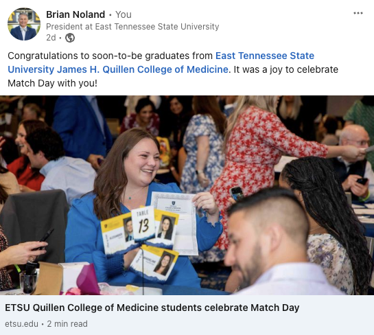 A screenshot of a LinkedIn post that includes a photo of smiling Quillen College of Medicine students holding up their Match Day letters and reads Congratulations to soon-to-be graduates from East Tennessee State University James H. Quillen College of Medicine. It was a joy to celebrate Match Day with you!