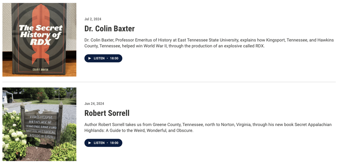 A screenshot of recent episodes of Vital Voices including an episode featuring author Dr. Colin Baxter who wrote a book called The Secret History of RDX and an episode featuring author Robert Sorrell who wrote a book called Secret Appalachian Highlands: A guide to the Weird, Wonderful, and Obscure