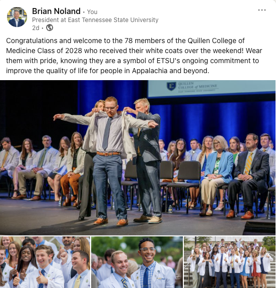 A screenshot of a LinkedIn post from President Brian Noland that reads 