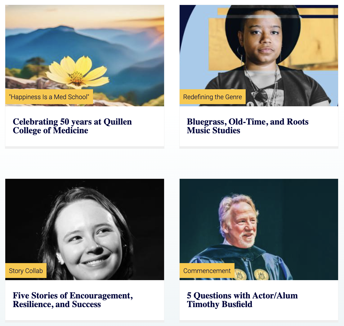 A screenshot of the online edition of ETSU, which features stories about Quillen College of Medicine's 50th anniversary, the Bluegrass, Old-Time, and Roots Music Studies program, Stories of success and resilience from ETSU students, and 5 questions with actor/alum Timothy Busfield. 