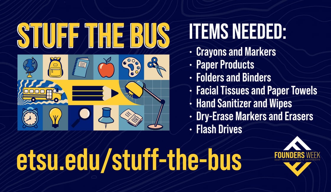 A graphic with a list of items needed for the Stuff the Bus school supplies drive. Items listed include crayons and markers, paper products, folders and binders, facial tissues and paper towels, hand sanitizer and wipes, dry-erase markers and erasers and flash drives