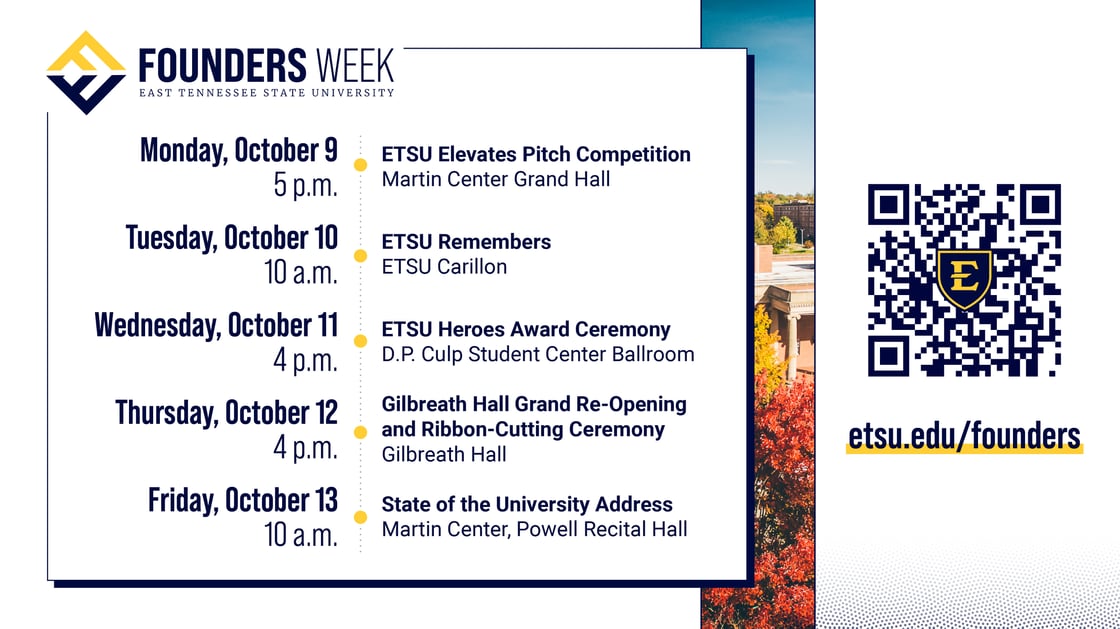 A schedule for Founders Week which includes the ETSU Elevates Pitch Competition on Monday, October 9, at 5 p.m. in the Martin Center Grand Hall. The ETSU Remembers ceremony on Tuesday, October 10, at 10 a.m. in front of the ETSU Carillon. The ETSU Heroes Award Ceremony on Wednesday, October 11, at 4 p.m. in the Culp Center Ballroom. The Gilbreath Hall Grand Re-Opening and Ribbon Cutting Ceremony on Thursday, October 12, at 4 p.m. And the State of the University Address on Friday, October 13 at 10 a.m. in the Powell Recital Hall at the Martin Center.  