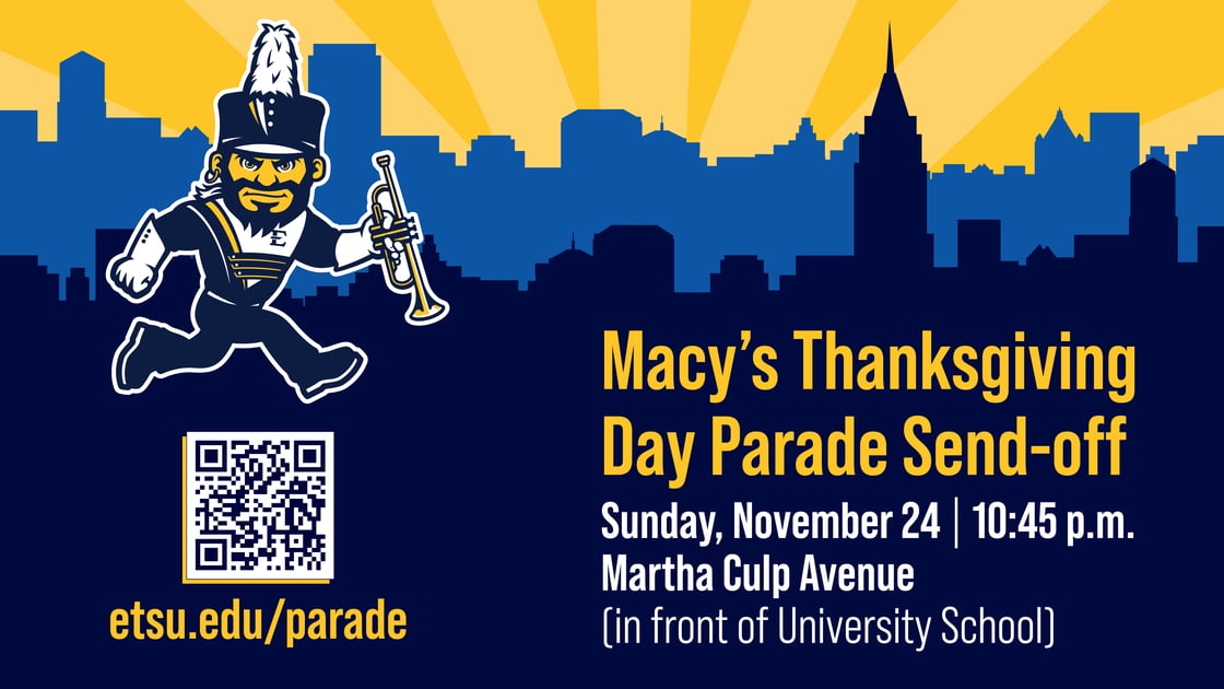 An invitation to the Marching Bucs Send-Off Party with event details listed as Sunday, November 24, at 10:45 p.m. on Martha Culp Avenue in front of University School. 