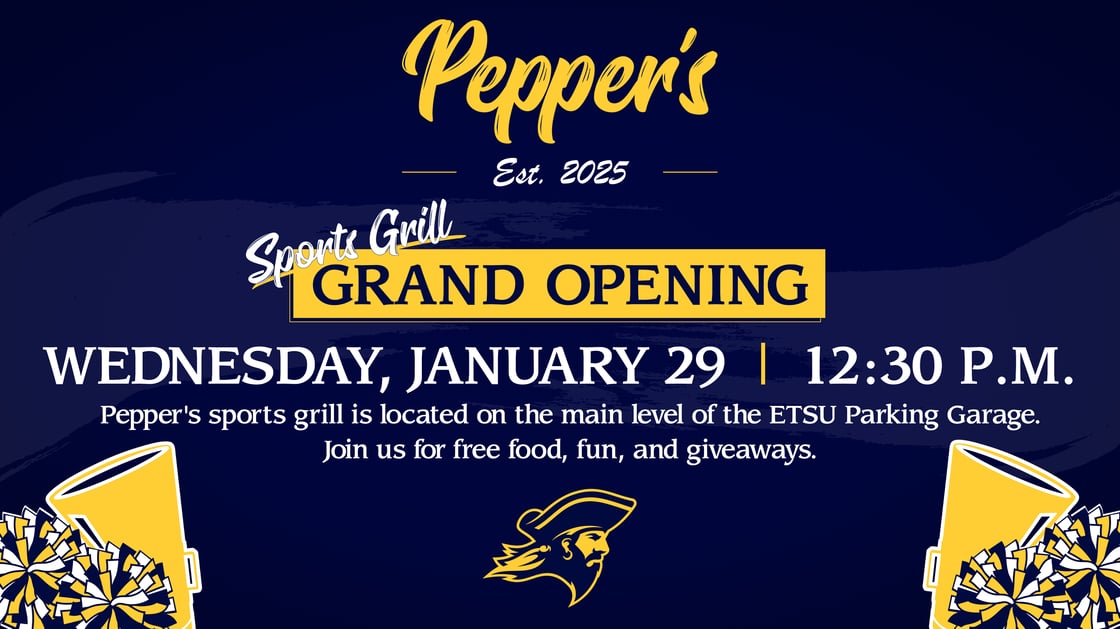 A digital invitation to the Pepper's Sports Grill Grand Opening that includes event details: January 29 at 12:30 p.m. at the ETSU parking garage. 