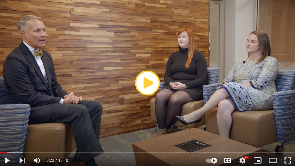 A screenshot of a video. ETSU President Brian Noland is shown in conversation with Dr. Alison Davis and Halie Darby. 