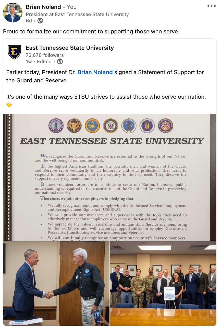 A screenshot of a social media post from ETSU President Brian Noland that reads 
