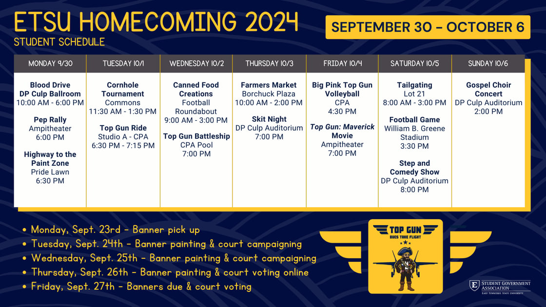 A calendar of homecoming events. An accessible version is available at etsu.edu/homecoming