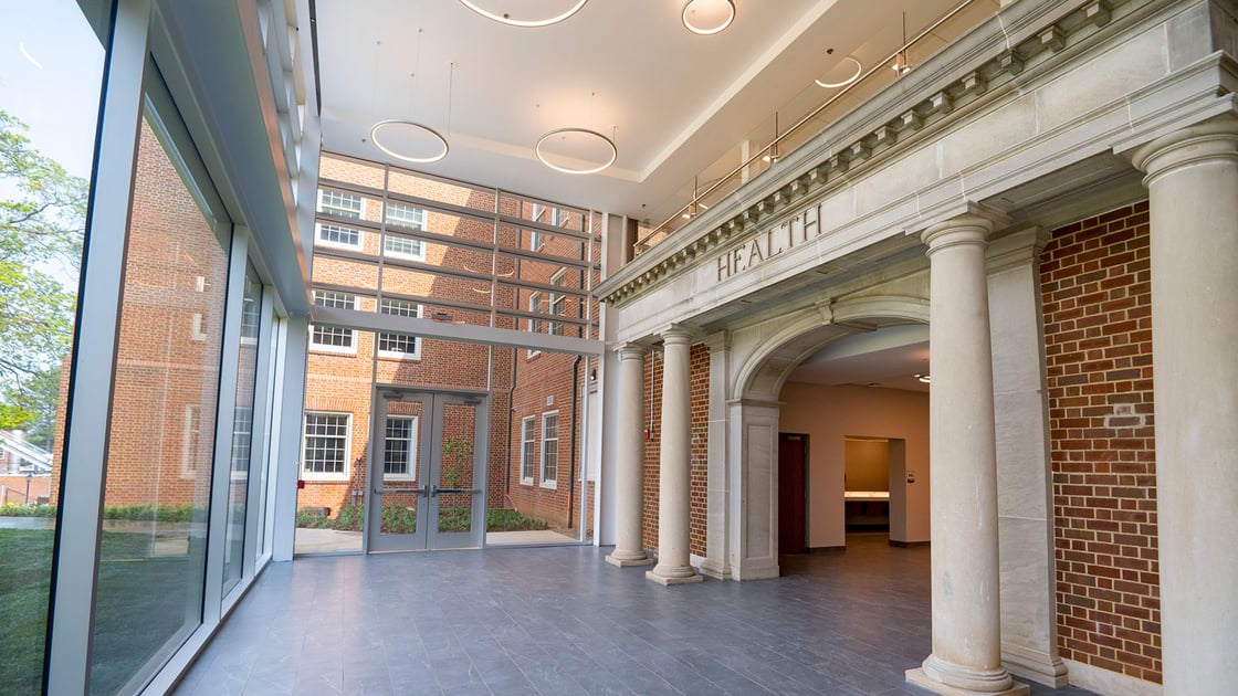 A photo of the entrance to the newly renovated Lamb Hall. 