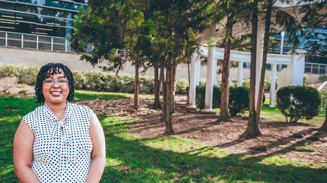 A photo of Natalie Wood standing near ETSU's amphitheater