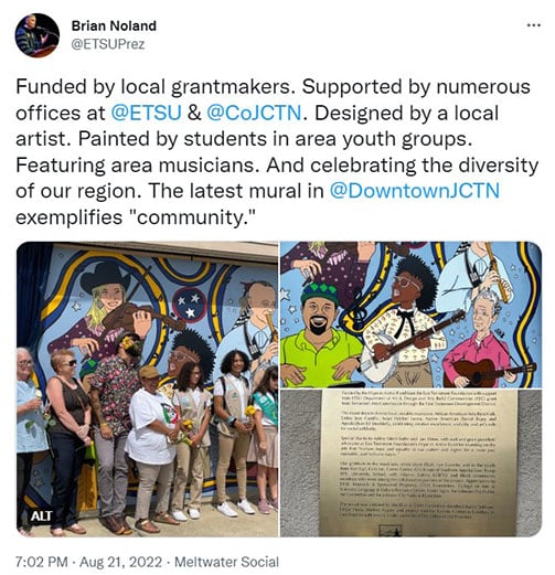 Pictures tweeted by President Noland featuring a new downtown Johnson City mural highlighting area musicians.