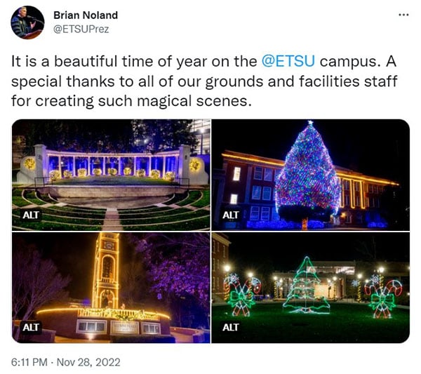 Dr. Noland's tweet with a gallery of campus scenes lit up by holiday lights.