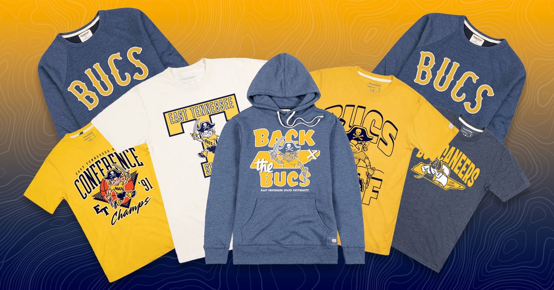 t-shirts and sweatshirts featuring ETSU logos from the 70s, 80s, and 90s. 